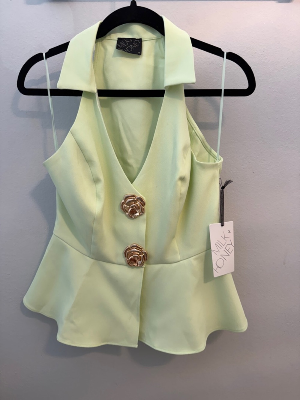 Milk+Honey Pale Green Peplum Camisole with Gold Floral Buttons